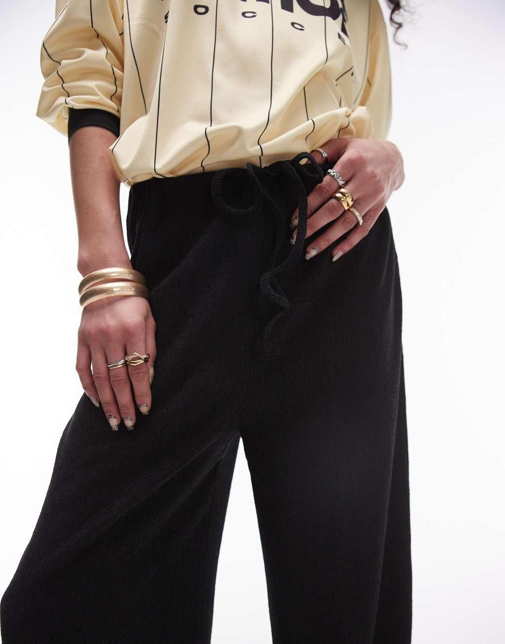Topshop oversized crinkle drawstring straight leg pants in black Product Image