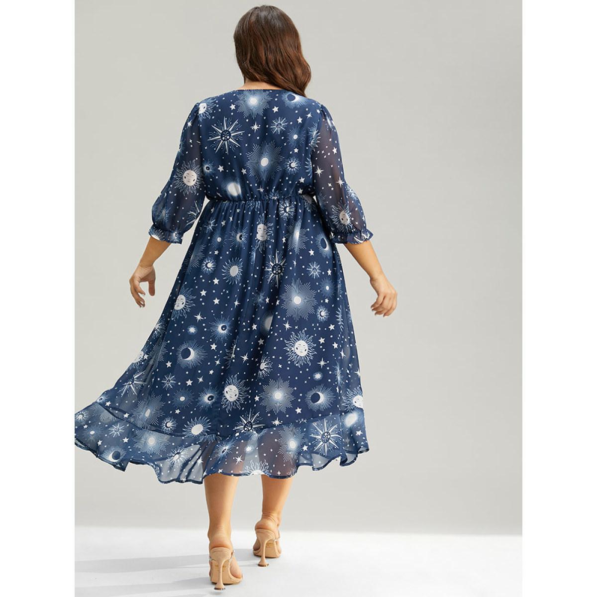 Plus Size Christmas Moon & Star Ruffles Mesh Wrap Dress Cyan Women Party Wrap Overlap Collar Elbow-length sleeve Curvy Midi Dress BloomChic 18-20/2X Product Image