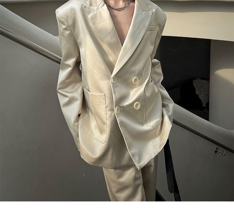 Lapel Collar Plain Double Breasted Blazer / Mid Rise Plain Straight Leg Dress Pants Product Image