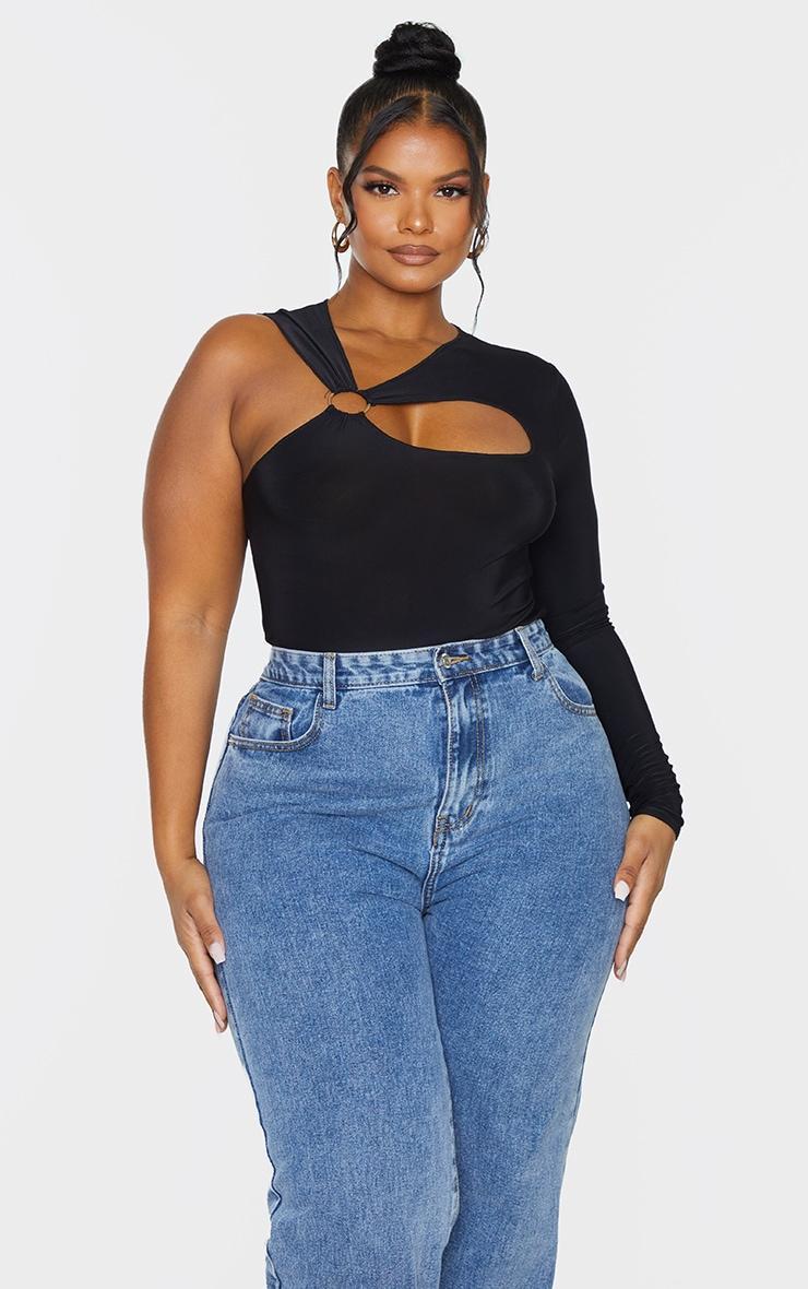 Plus Black Cut Out Ring Detail Long Sleeve Bodysuit Product Image