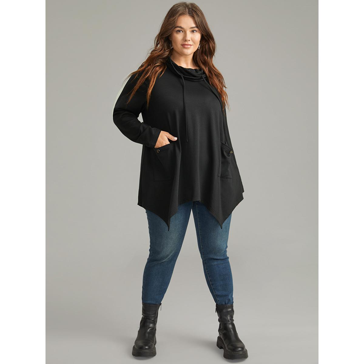 Plus Size Halloween Asymmetrical Pocket Lapel Collar Sweatshirt Women Black Casual Plain Lapel Collar Festival-Halloween Sweatshirts BloomChic 26/4X Product Image