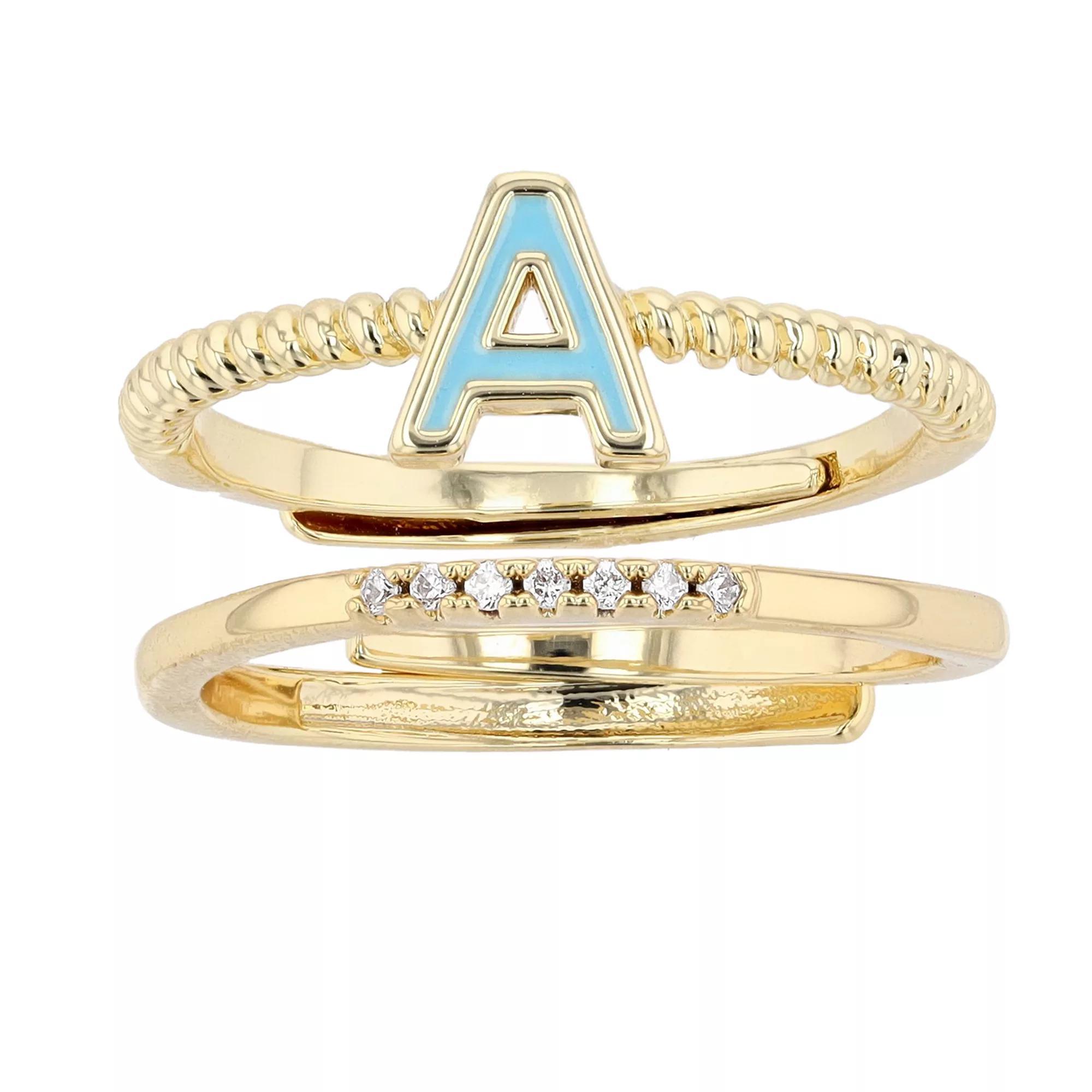 City Luxe Enamel Initial Ring & Cubic Zirconia Pave Ring Duo Set, Women's, Gold Tone A Product Image