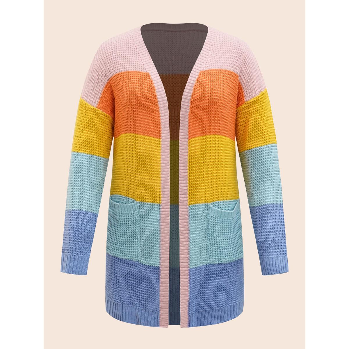 Plus Size Colorblock Contrast Drop Shoulder Pocket Cardigan Multicolor Women Casual Loose Long Sleeve Everyday Cardigans BloomChic 28/5X Product Image