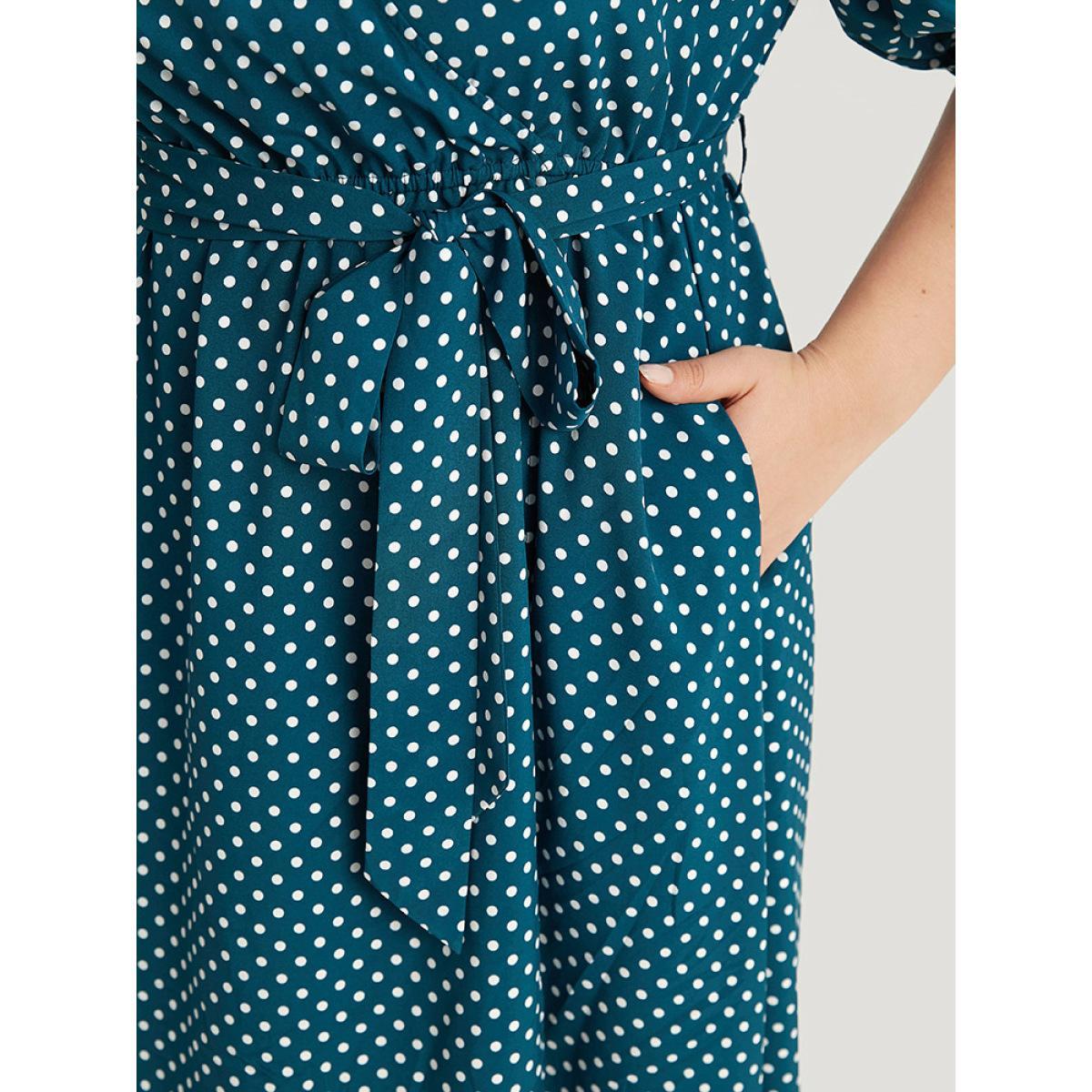 Plus Size Polka Dot Belted Lantern Sleeve Surplice Neck Dress Aegean Women Office Elastic cuffs V-neck Short sleeve Curvy Midi Dress BloomChic 28/5X Product Image