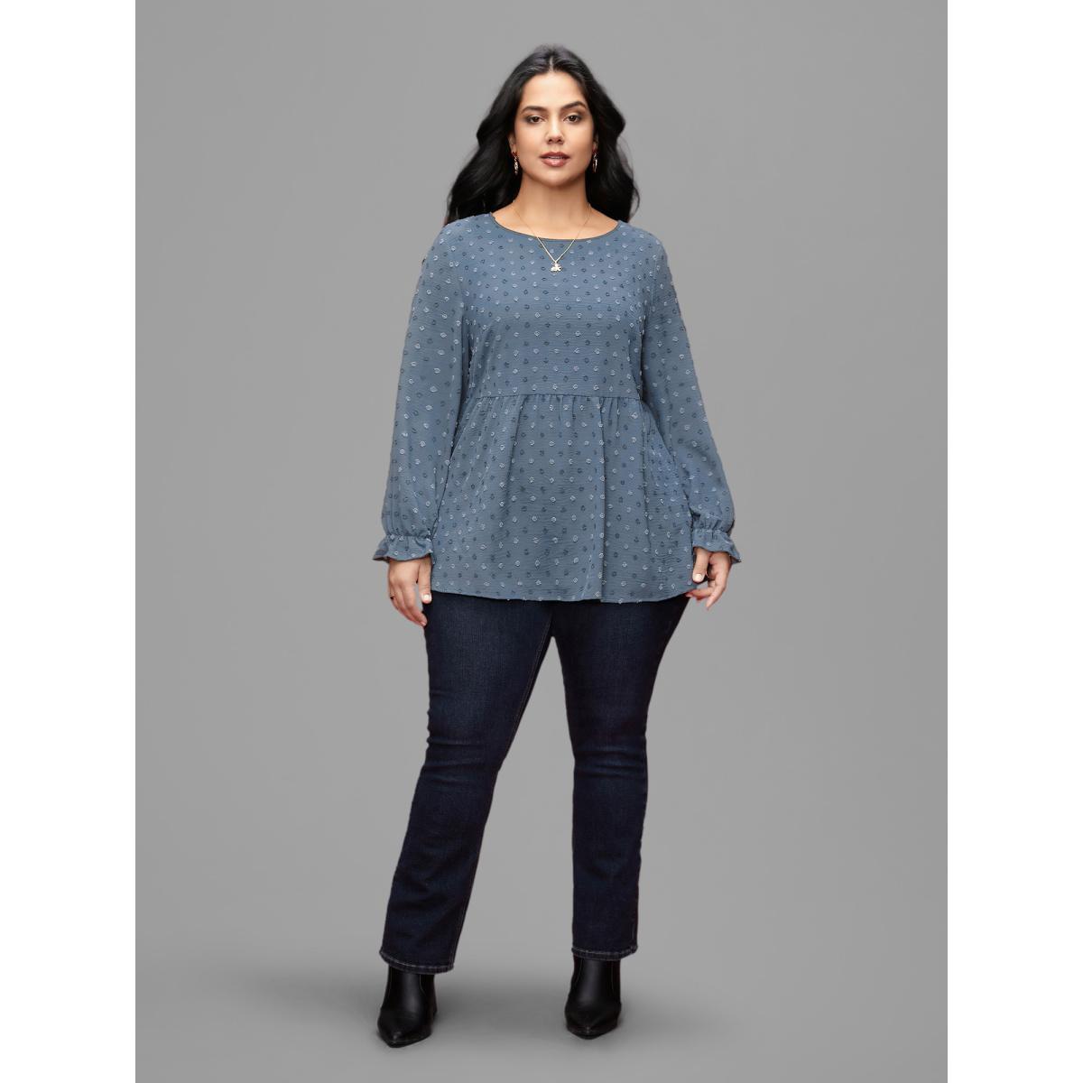 Plus Size Lilac Textured Dot Elastic Cuffs A-line Blouse Women Casual Long Sleeve Round Neck Everyday Blouses BloomChic 10/M Product Image