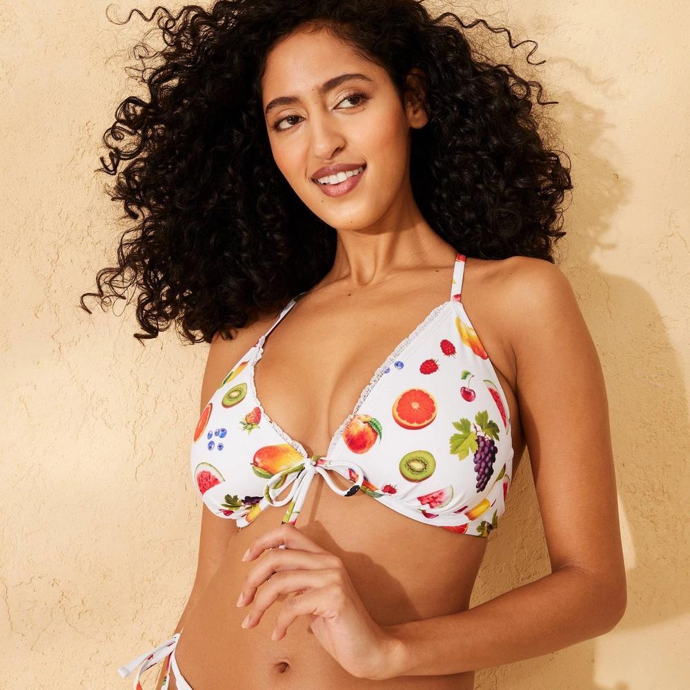 Womens Center Tie Plunge Underwire Bikini Top - Wild Fable White Fruit Print D/DD Cup Product Image