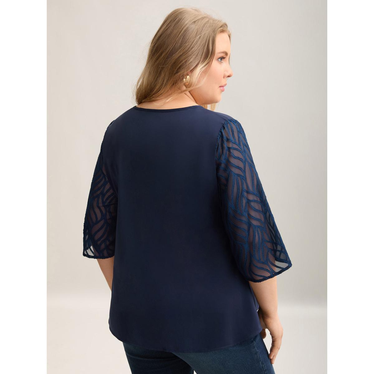 Plus Size Indigo Sheer Mesh Sleeve Spliced V-Neck Blouse Women Elegant Elbow-length sleeve V-neck Everyday Blouses BloomChic 30/6X Product Image