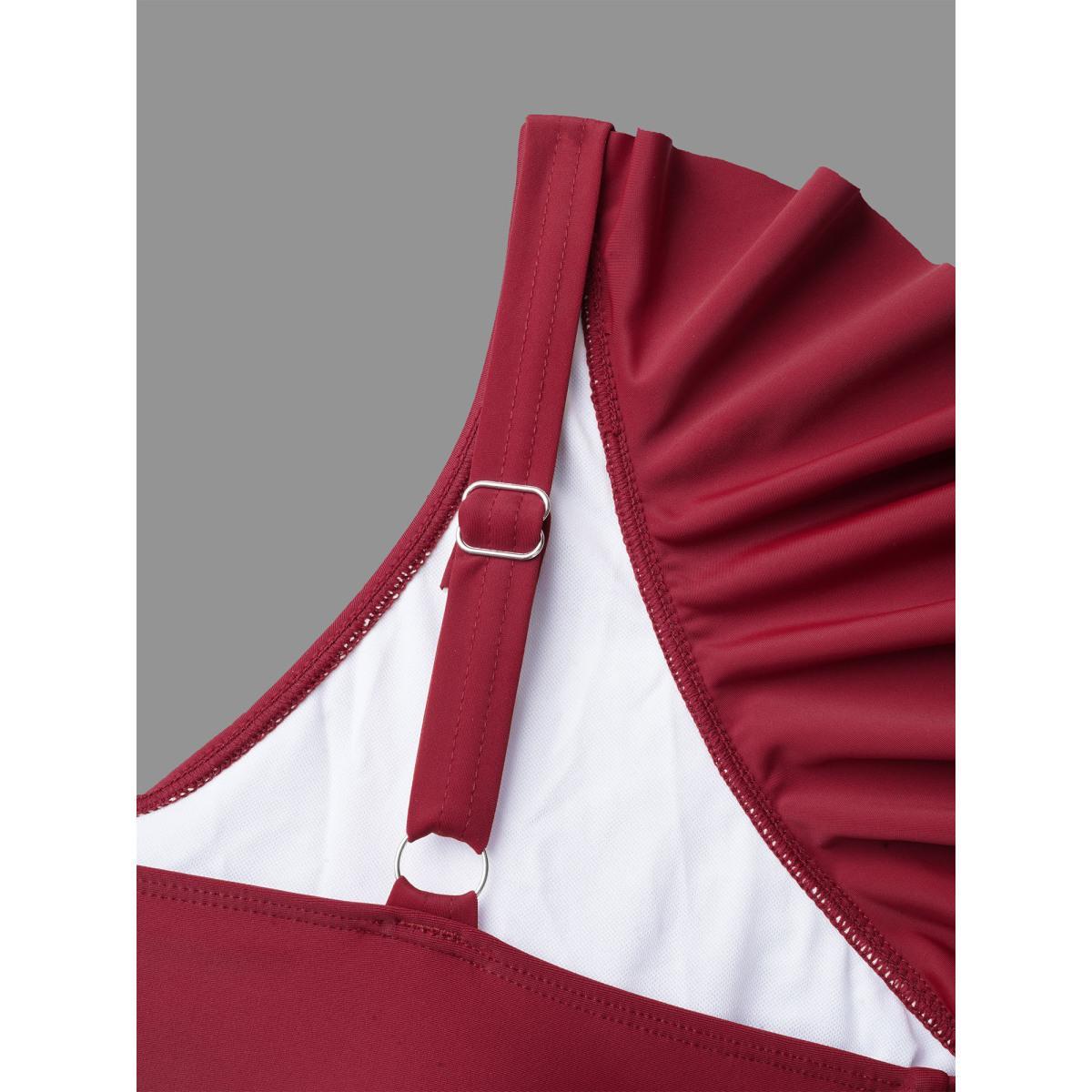 Plus Size Front-Tie Bow Flutter Sleeve Gathered Swim Dress Women's Swimwear Burgundy Beach Bodycon U-neck High stretch Curve Swim Dresses BloomChic 12/L Product Image