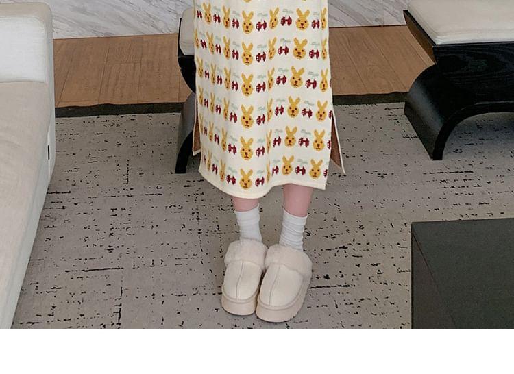 Sleeveless Crew Neck Rabbit Print Slit Knit Midi Overall Dress Product Image
