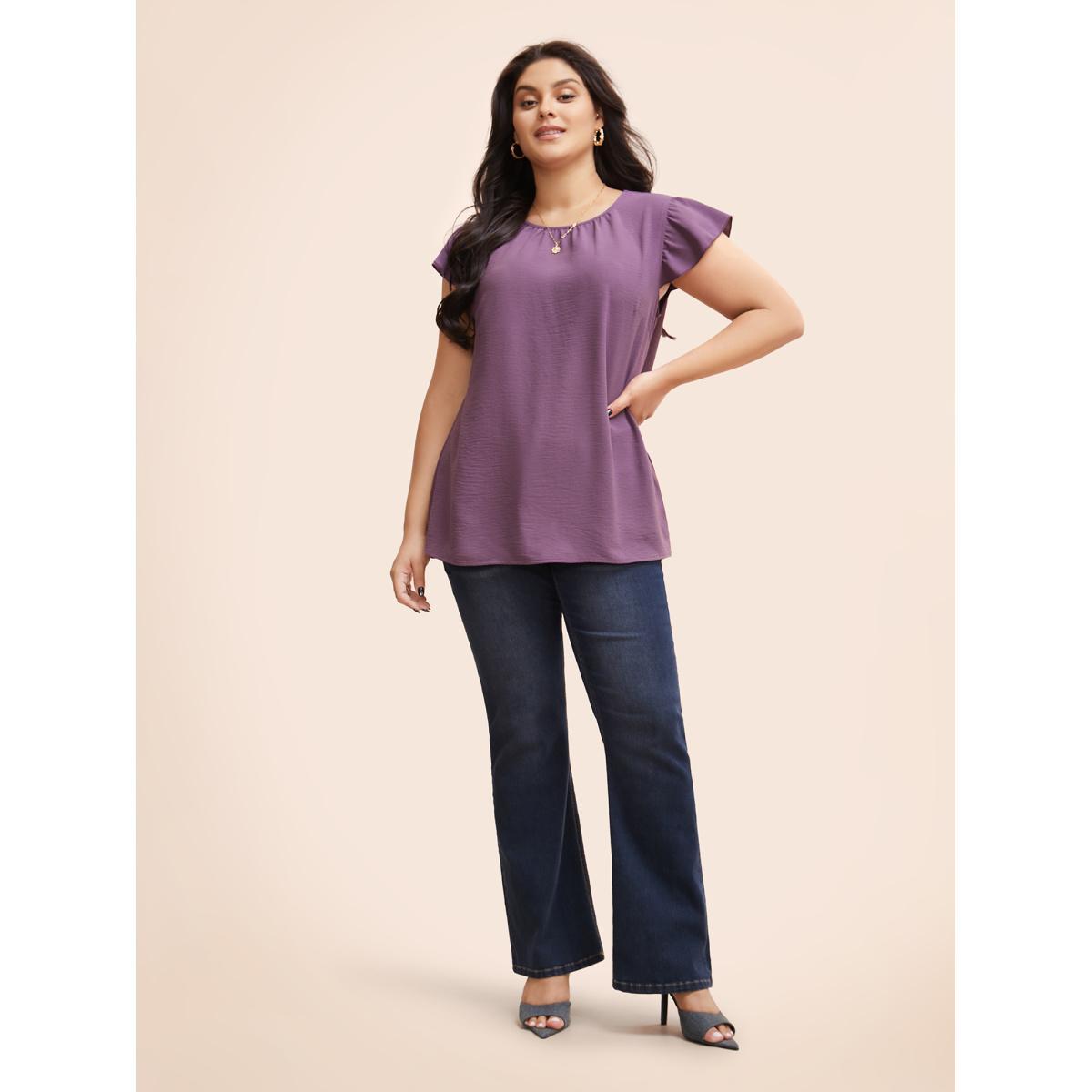 Plus Size Mauve Solid Gathered Flutter Trim Blouse Women Elegant Cap Sleeve Round Neck Dailywear Blouses BloomChic 14-16/1X Product Image