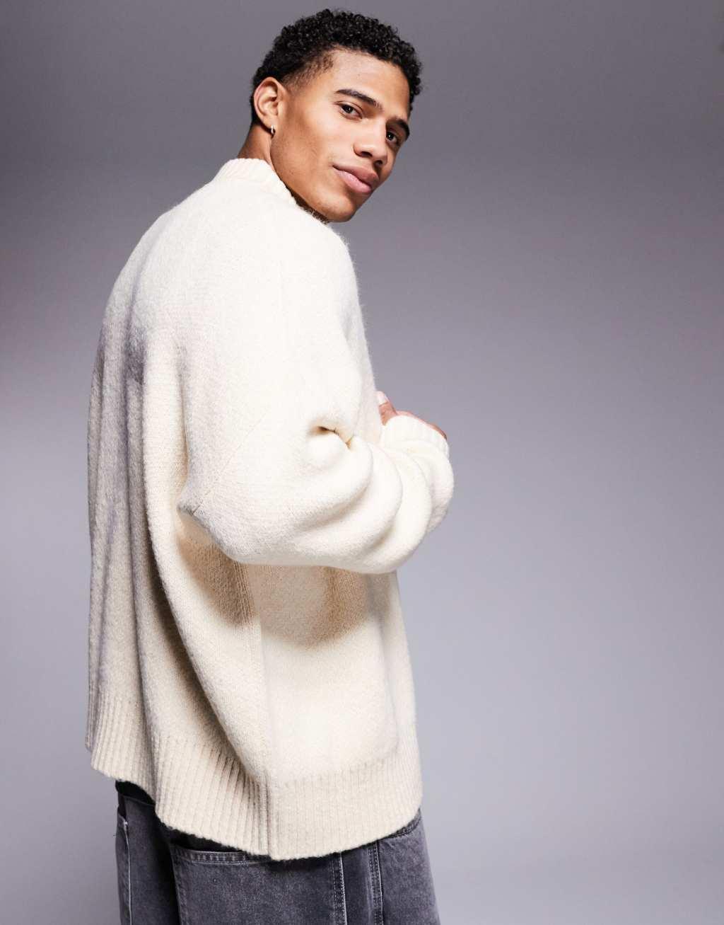 ASOS DESIGN super oversized boxy fit brushed knit zip through cardigan in oatmeal Product Image