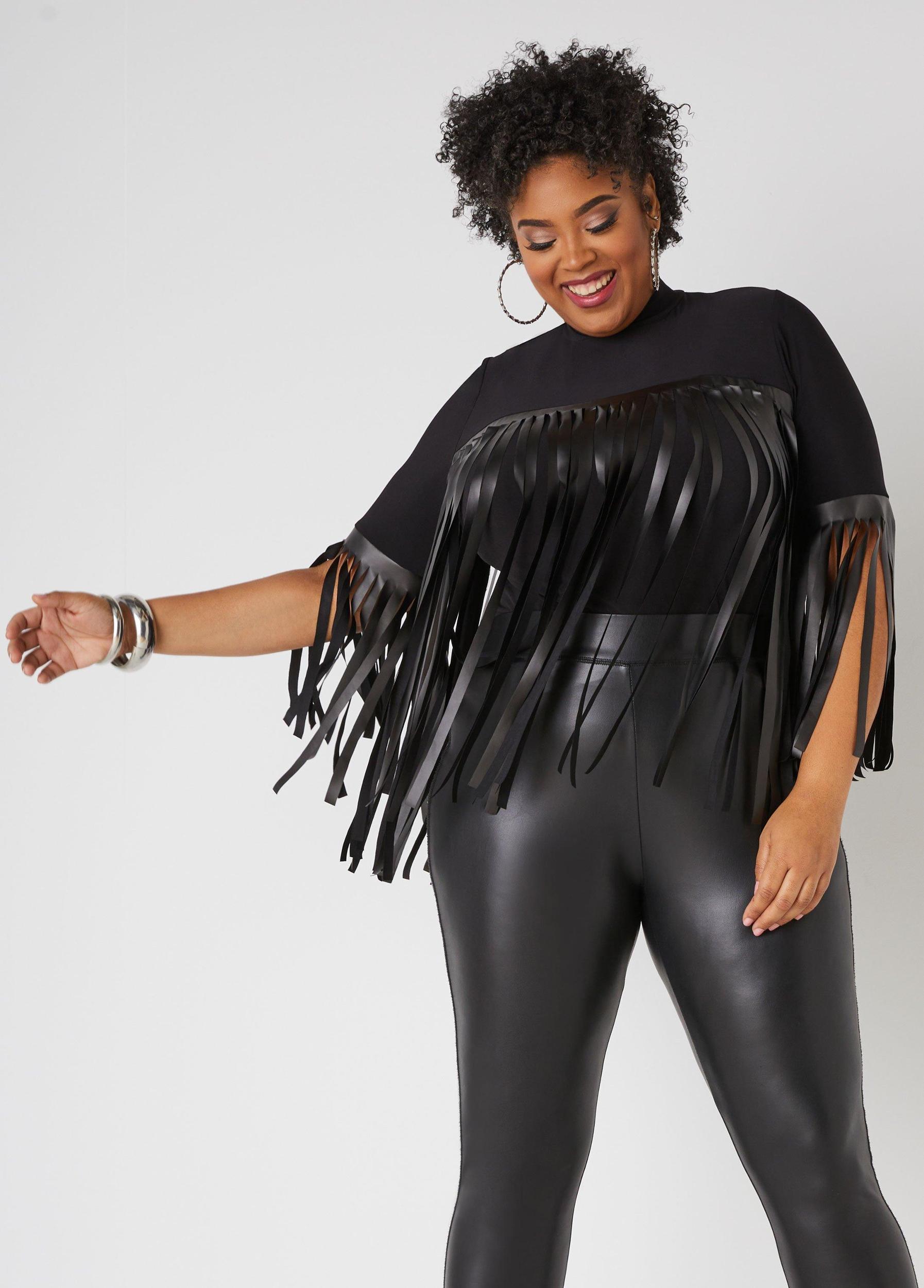Fringed Faux Leather Knit Top Product Image
