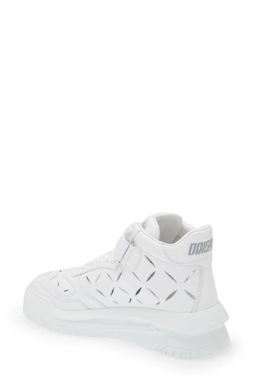 VERSACE Laser Cut Leather High-top Sneakers In White Product Image