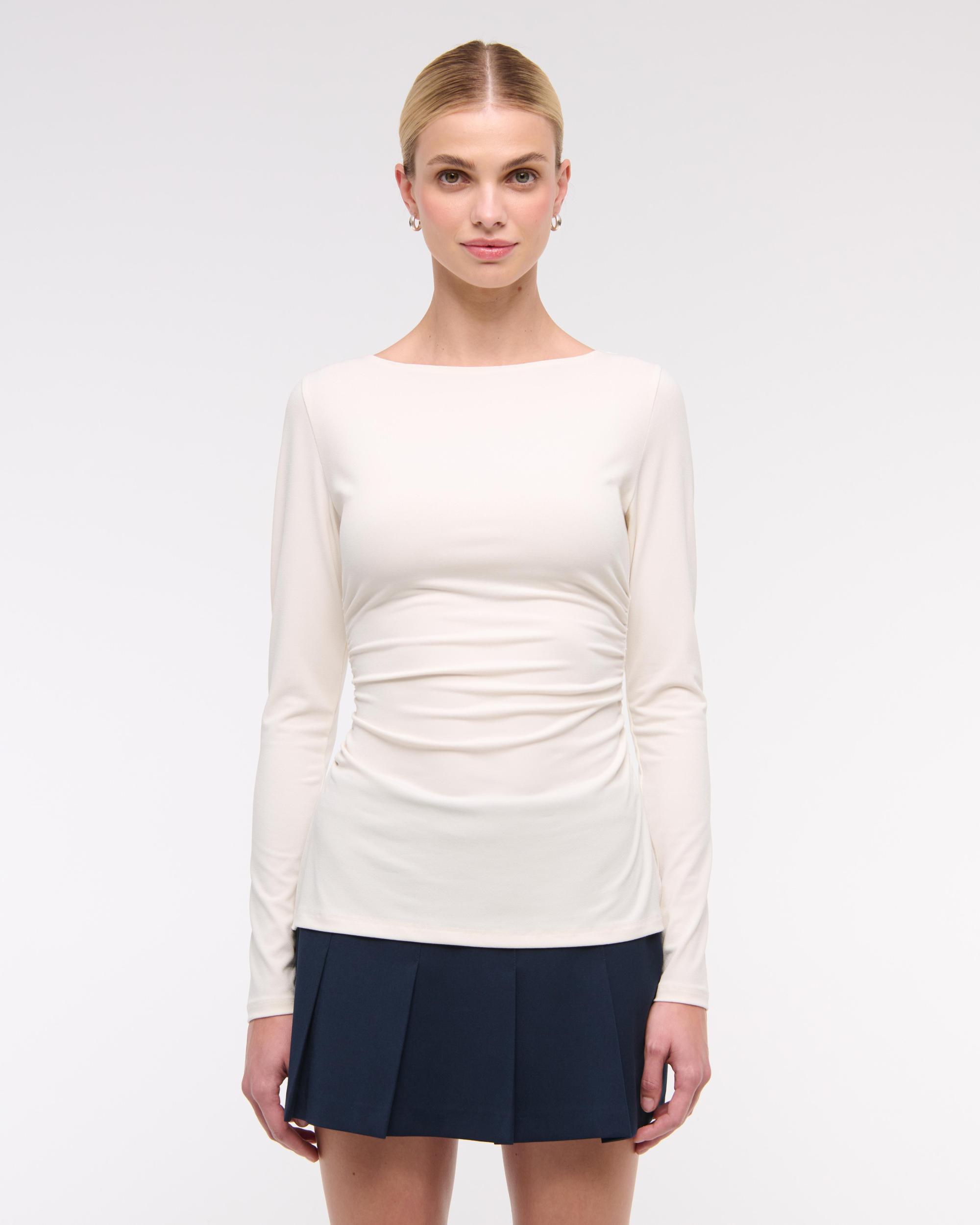 Long-Sleeve Stretch Crepe Slash Top Product Image