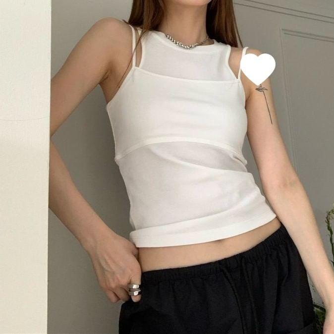 Mock Two-Piece Round Neck Plain Crop Tank Top Product Image