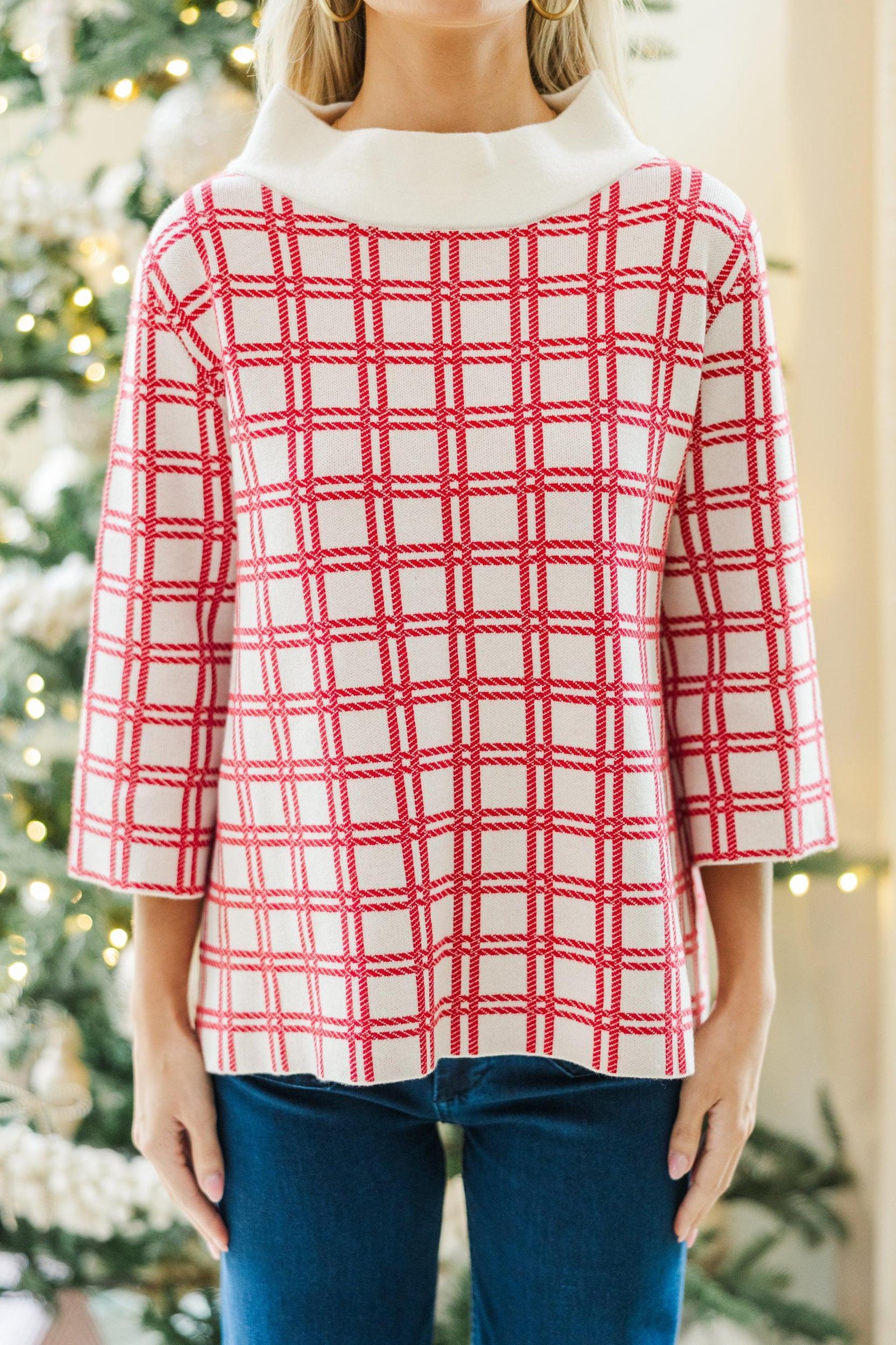 Just A Feeling Red Plaid Mock Neck Sweater Female Product Image