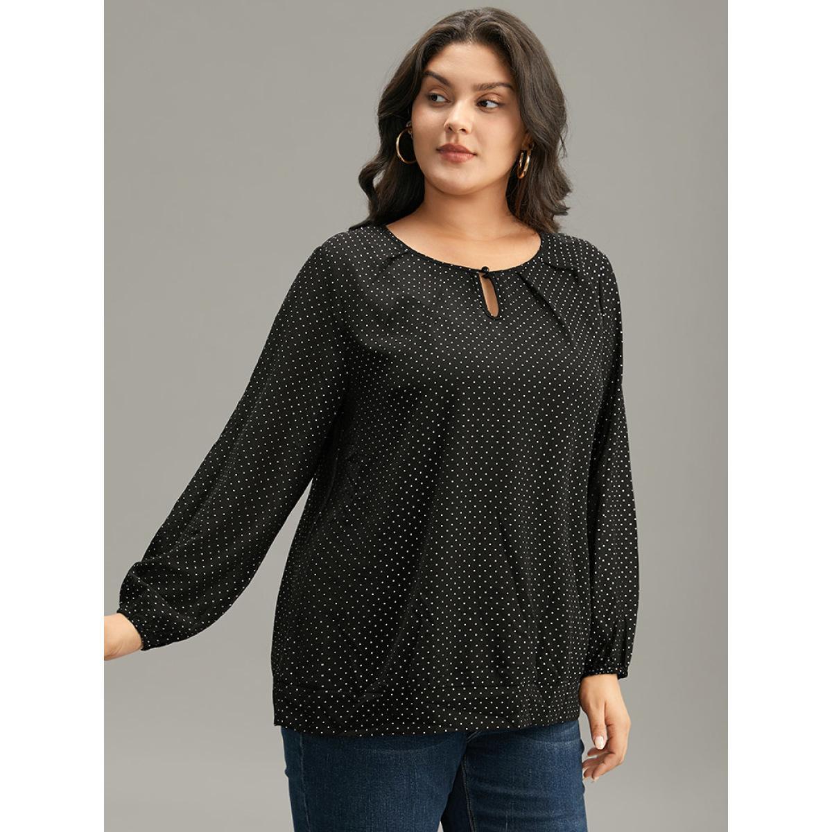 Plus Size BlackFlower Glitter Polka Dot Puff Sleeve Keyhole Blouse Women Elegant Long Sleeve Round Neck Dailywear Blouses BloomChic 30/6X Product Image