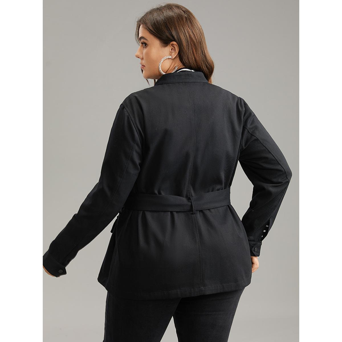 Plus Size Cotton Solid Belted Flap Pocket Coat Women Black Casual Plain Ladies Dailywear Winter Coats BloomChic 26/4X Product Image