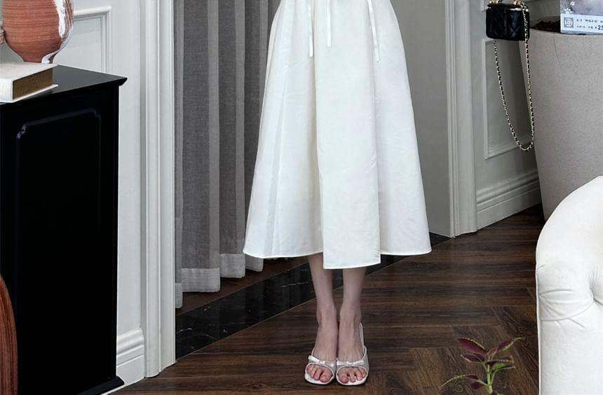 Long-Sleeve Stand Collar Plain Lace Trim Pintuck Lace-Up Midi A-Line Dress Product Image