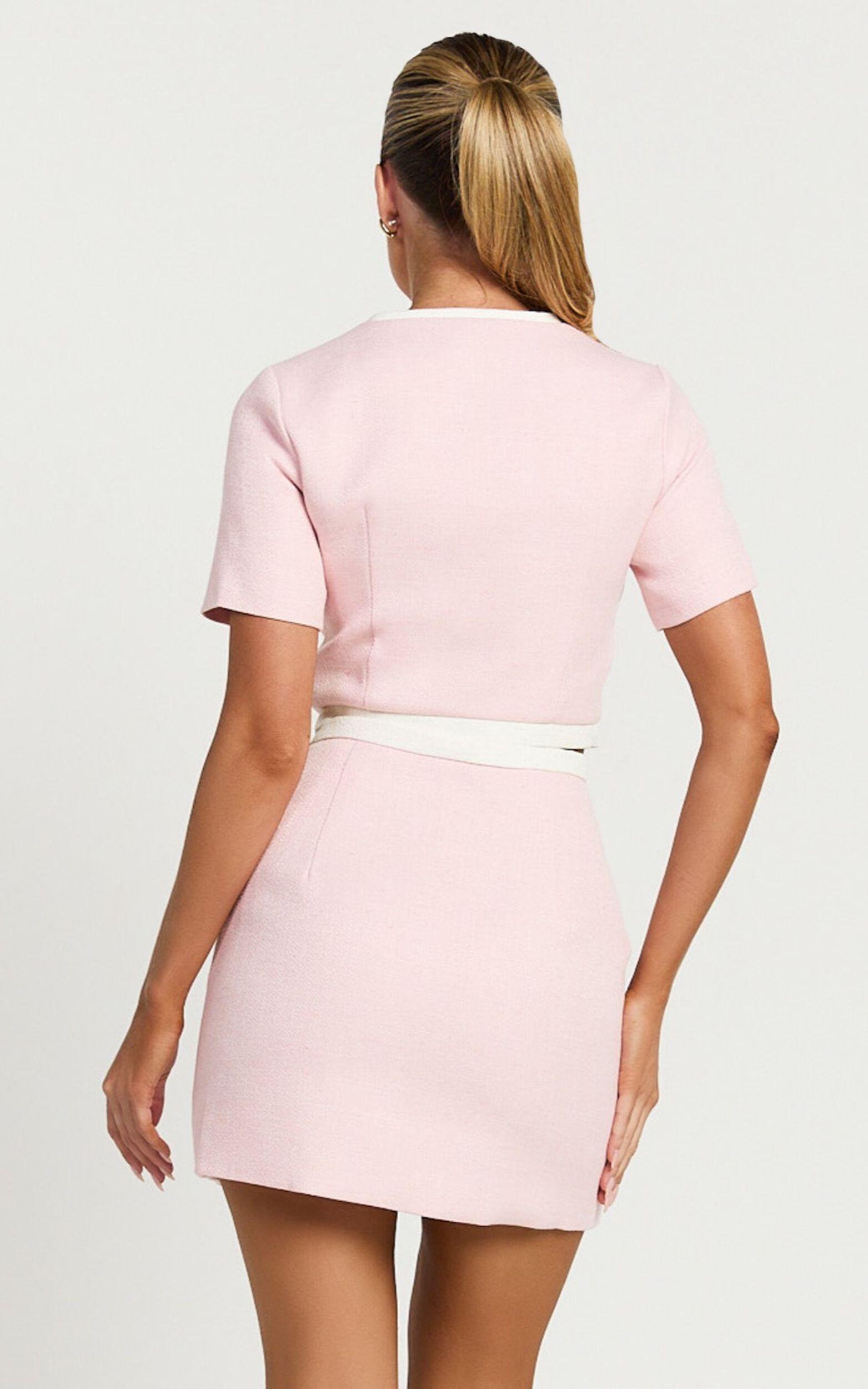 Rosa Two Piece Set- Tailored Boucle Hardware Detail Button Down Top and Skirt Set in Light Pink Product Image