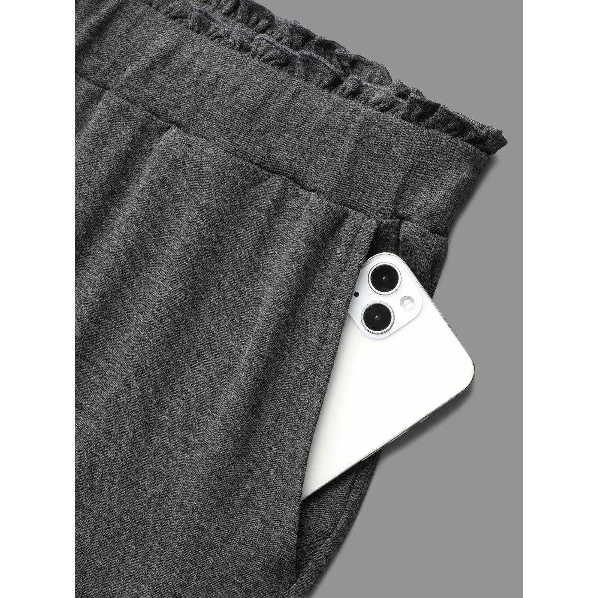 Plus Size Button-Front Ruffled Waist Stretchy Pants Women DimGray Casual Wide Leg Mid Rise Everyday Pants BloomChic 30/6X Product Image