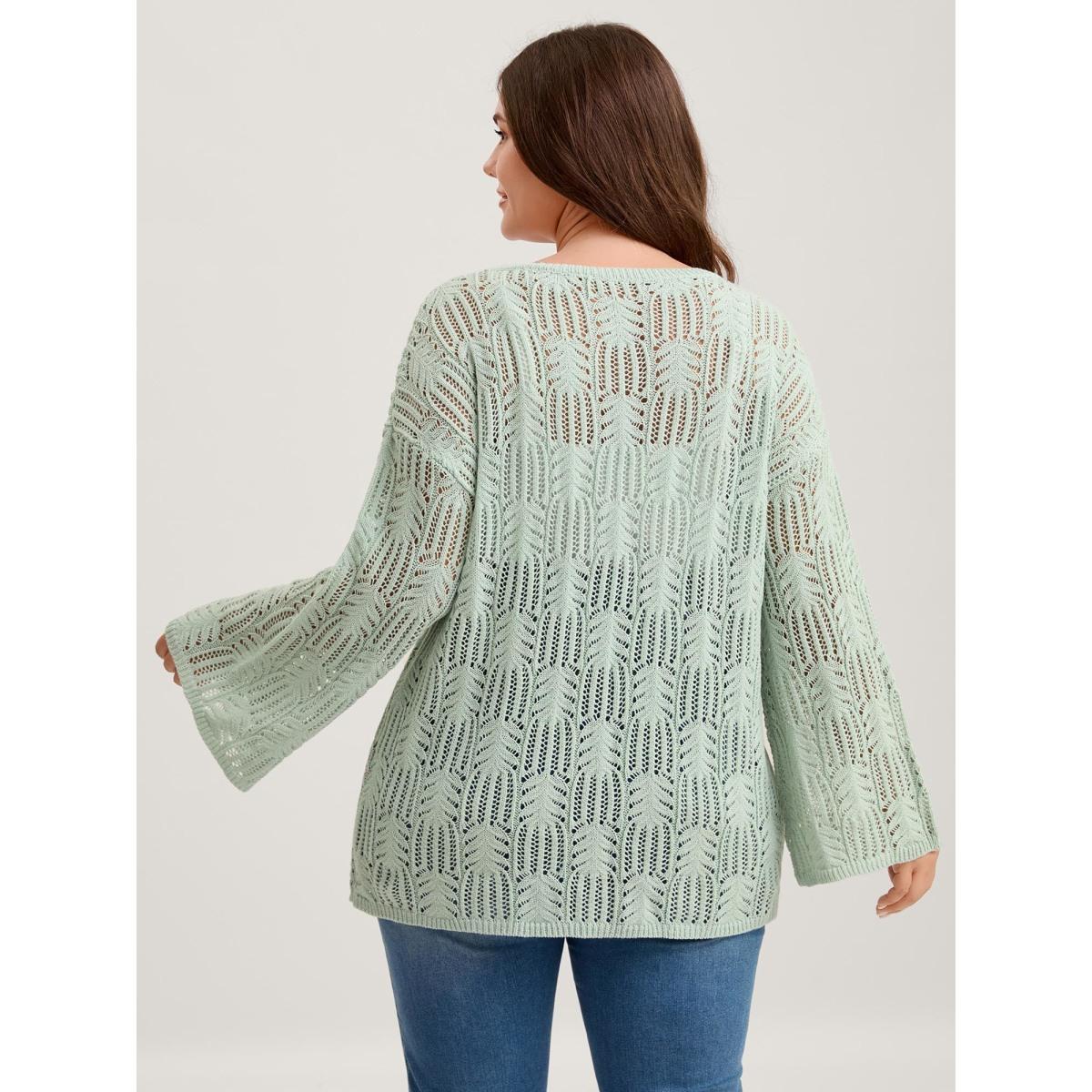 Plus Size Textured Cut-Out Flared Sleeve Lightweight Pullover Greenbean Women Loose Long Sleeve Round Neck Everyday-Casual Pullovers BloomChic 30/6X Product Image