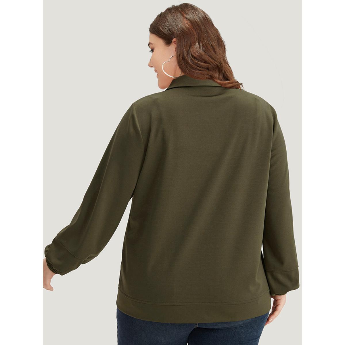 Plus Size Plain Slant Pocket Button Up Elastic Cuffs Jacket Women ArmyGreen Elastic cuffs Pocket Everyday Jackets BloomChic 12/L Product Image