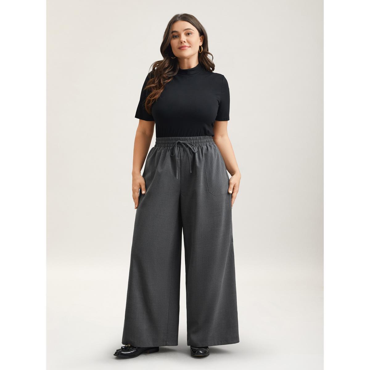 Plus Size Waist Drawstring Plaid Wide Leg Pants Women Black At the Office Wide Leg Mid Rise Work Pants BloomChic 26/4X Product Image