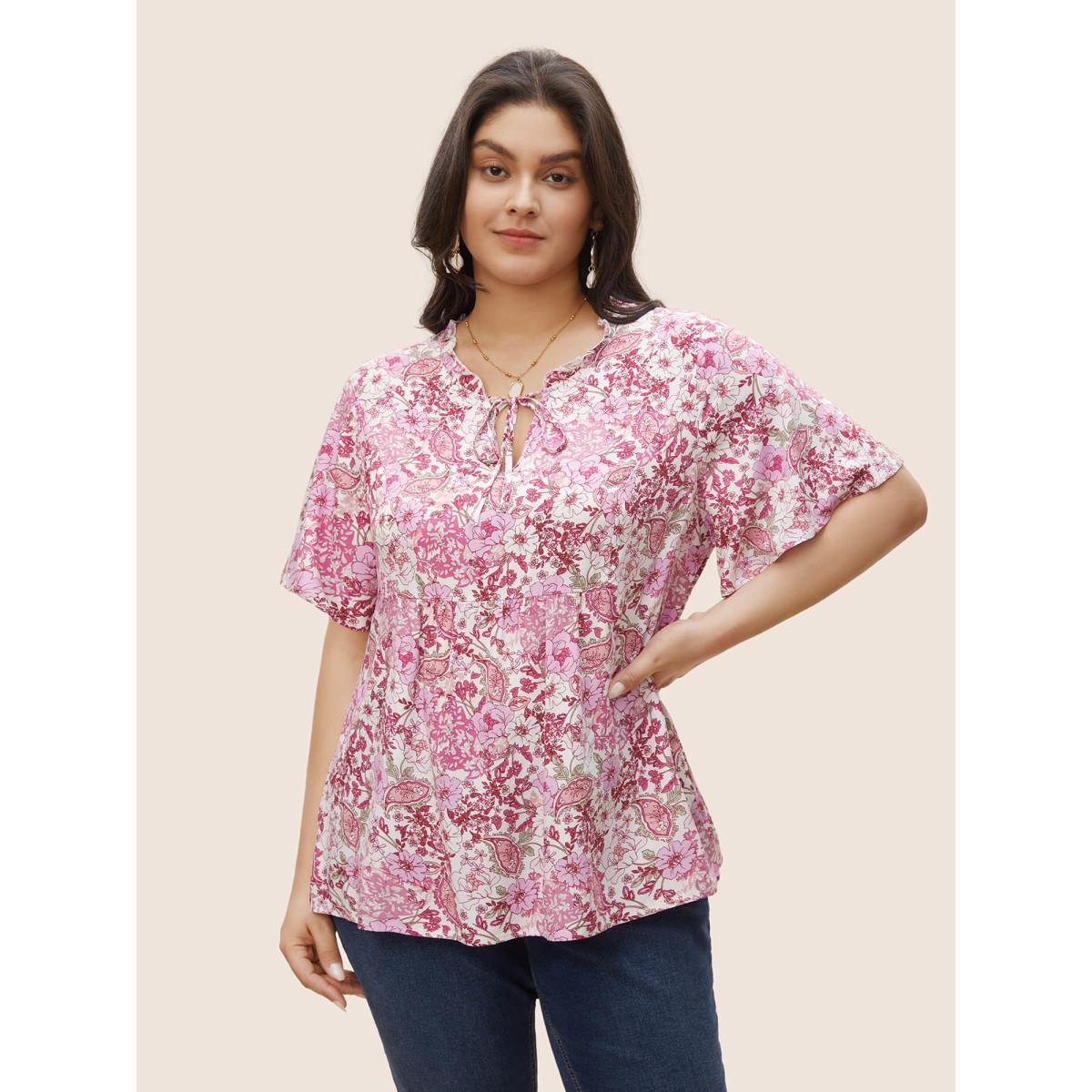 Plus Size Lilac Ditsy Floral Gathered Tie Neck Blouse Women Resort Short sleeve Notched collar Vacation Blouses BloomChic 28/5X Product Image