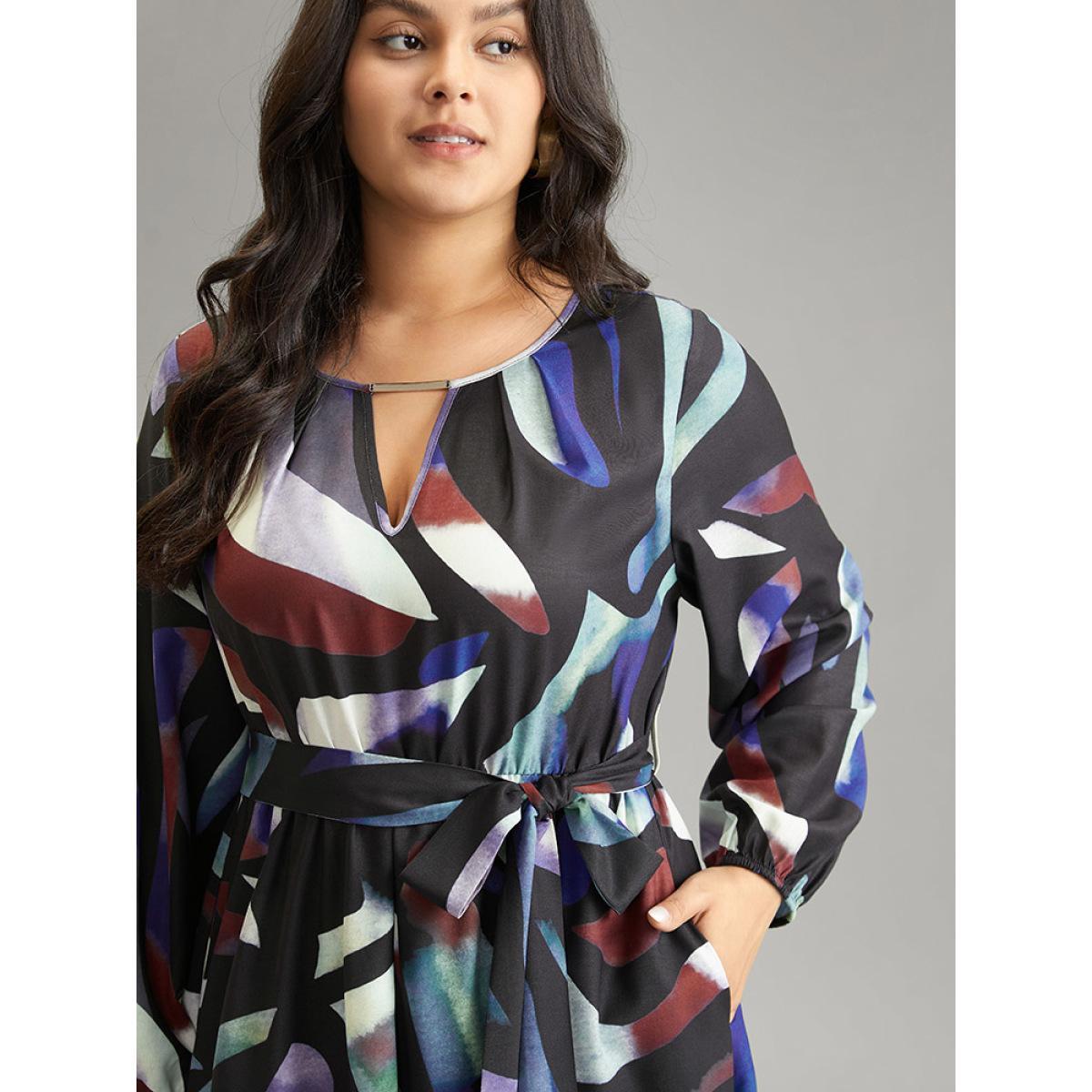 Plus Size Metal Strip Notched Belted Colorblock Contrast Dress Multicolor Women At the Office Elastic cuffs Keyhole Cut-Out Long Sleeve Curvy Midi Dress BloomChic 18-20/2X Product Image