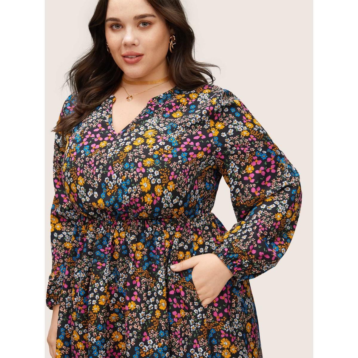 Plus Size Ditsy Floral Notched Pocket Lantern Sleeve Dress Black Women Elegant Non Notched collar Long Sleeve Curvy Midi Dress BloomChic 22-24/3X Product Image