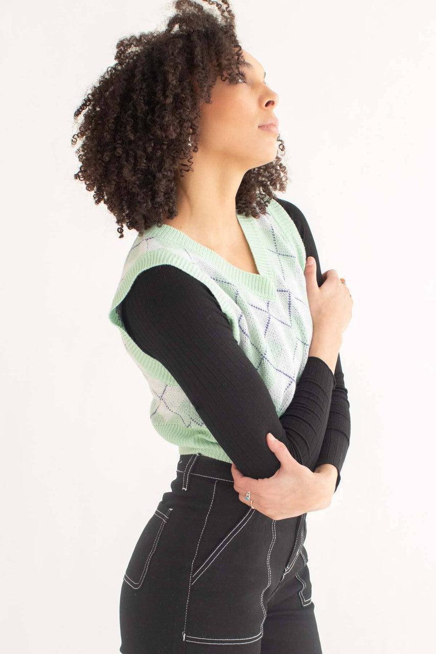 Mint Green Argyle Shrunken Sweater Vest Product Image