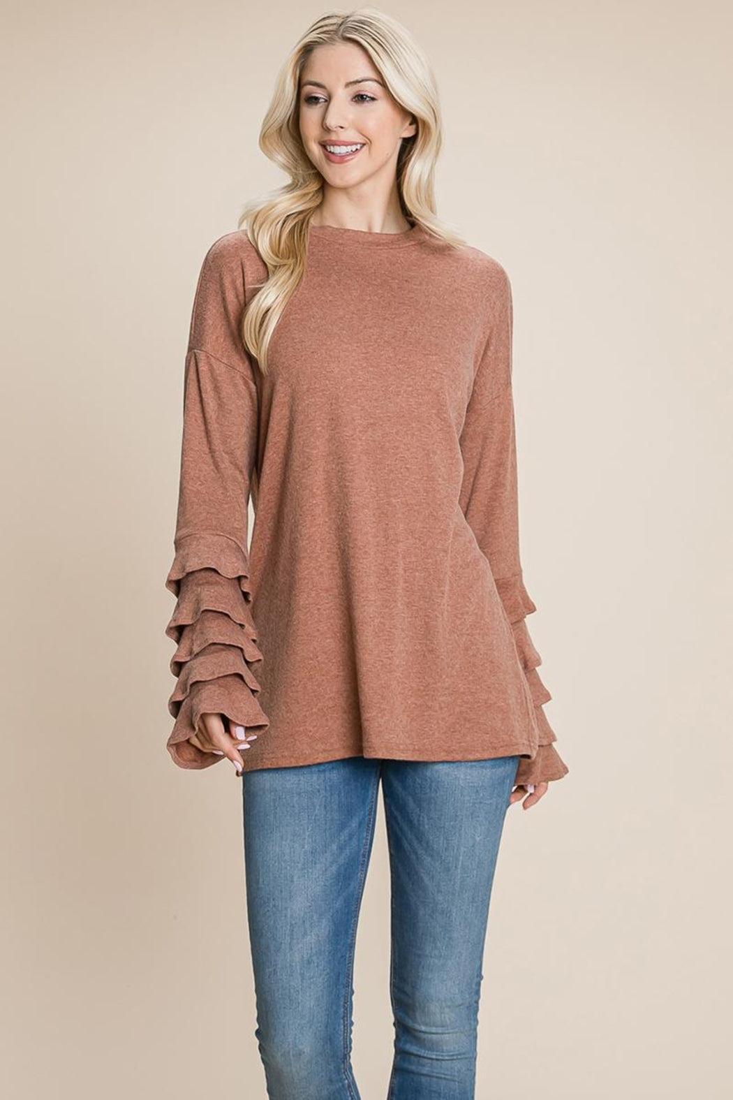 Long Sleeve Ruffle Layered Shirred Sweaters Shirts Product Image