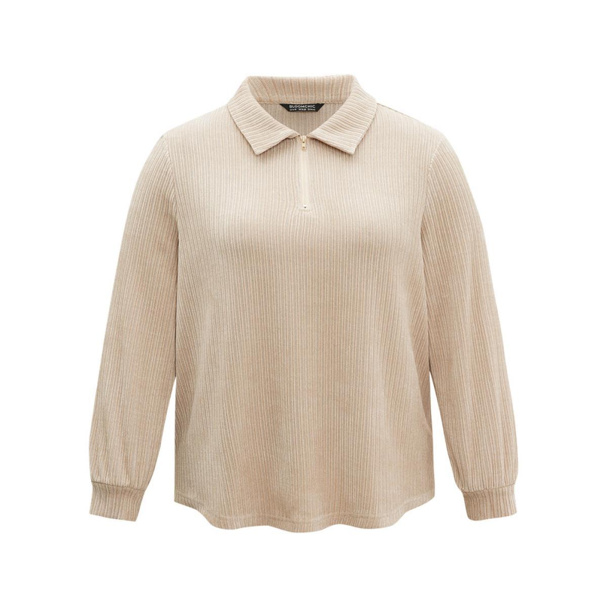 Plus Size Plain Heather Zipper Texture Polo Sweatshirt Women LightBrown Casual Texture Polo Dailywear Sweatshirts BloomChic 30/6X Product Image