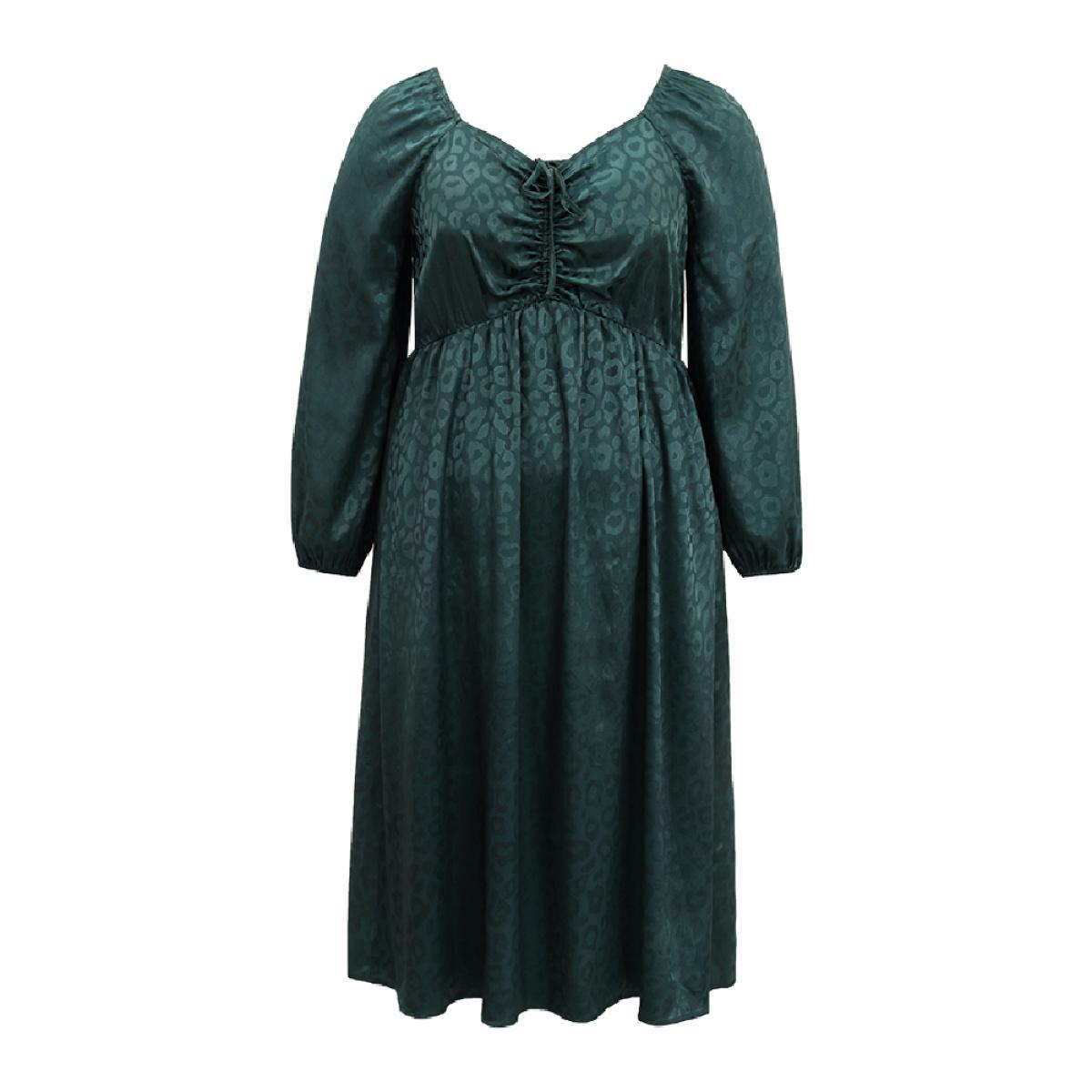 Plus Size Leopard Square Neck Elastic Waist Ties Dress Cyan Women Glamour Elastic cuffs Square Neck Long Sleeve Curvy Midi Dress BloomChic 28/5X Product Image