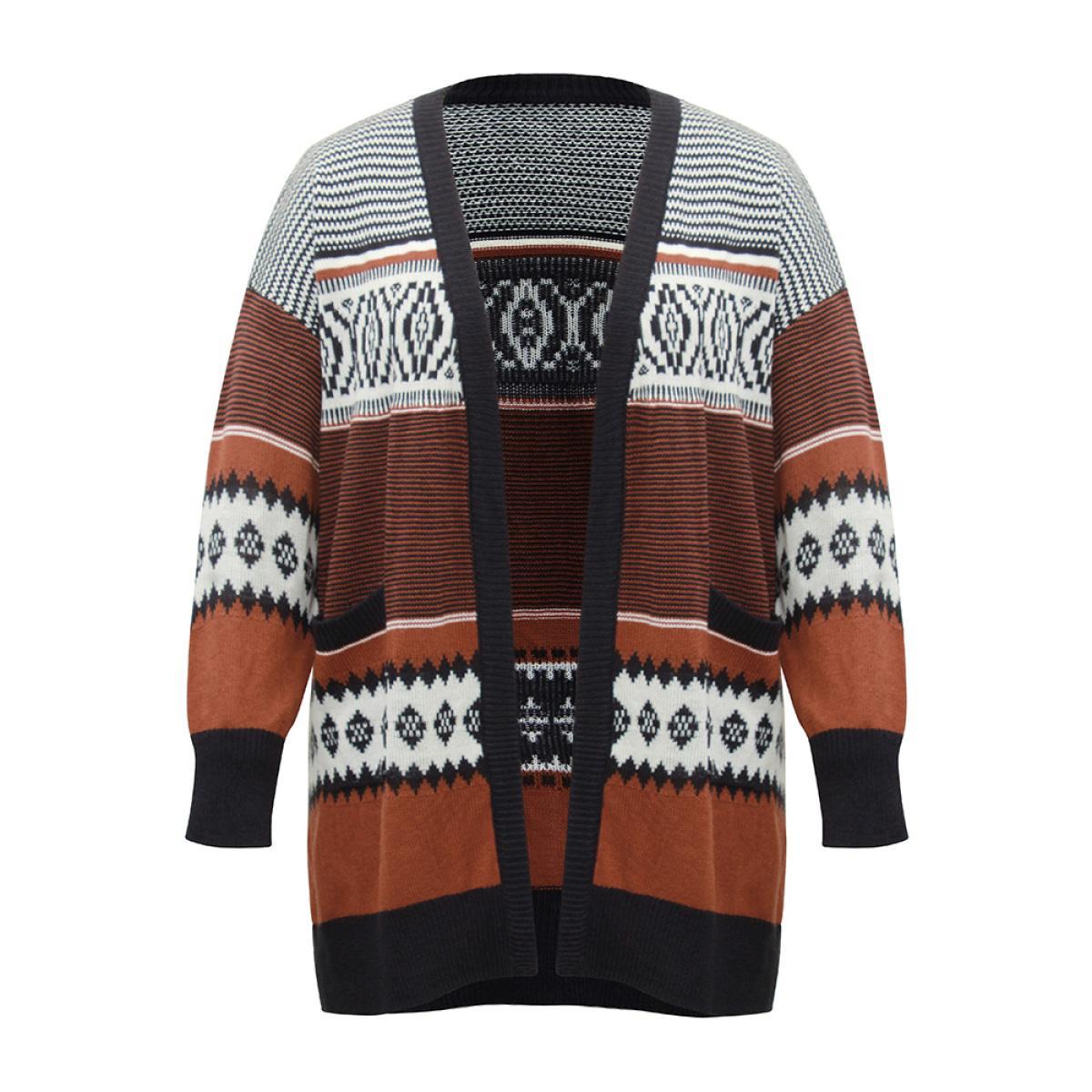 Plus Size Bandana Print Open Front Patched Pocket Cardigan Rust Women Casual Loose Long Sleeve Dailywear Cardigans BloomChic 14-16/1X Product Image