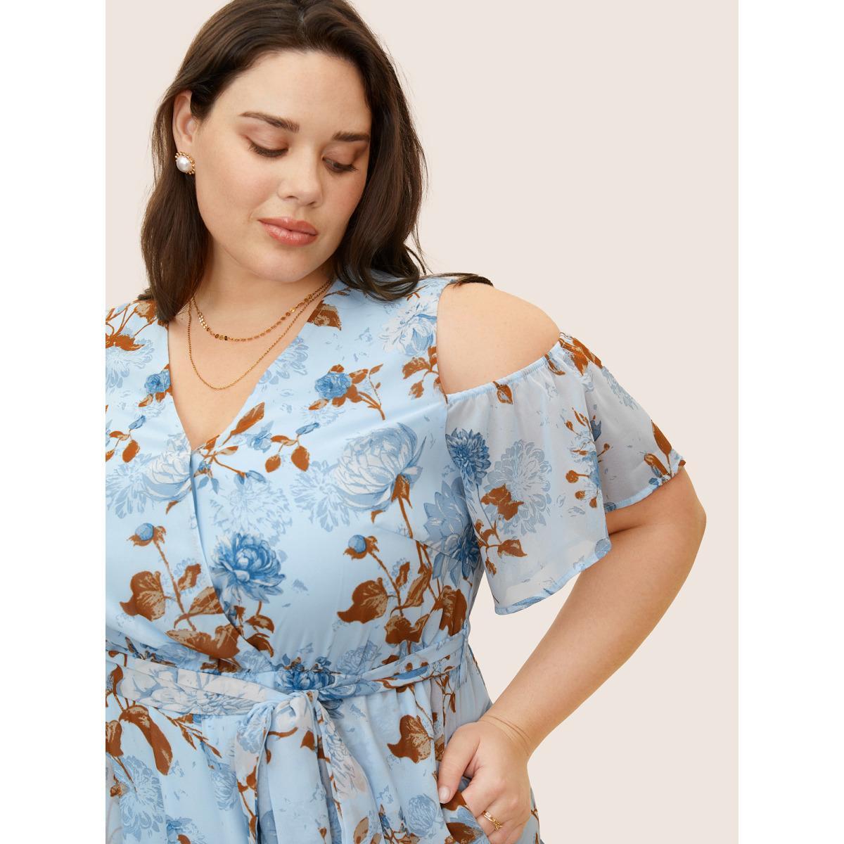 Plus Size Floral Wrap Mesh Ruffle Sleeve Dress LightBlue Women Formal V-neck Sleeveless Curvy BloomChic 26/4X Product Image