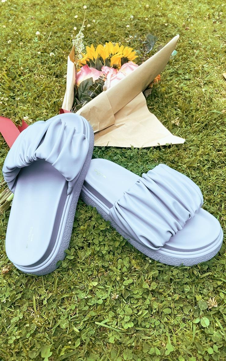 Aqua Blue Wide Fit PU Round Toe Ruched Strap Flat Sandals Product Image