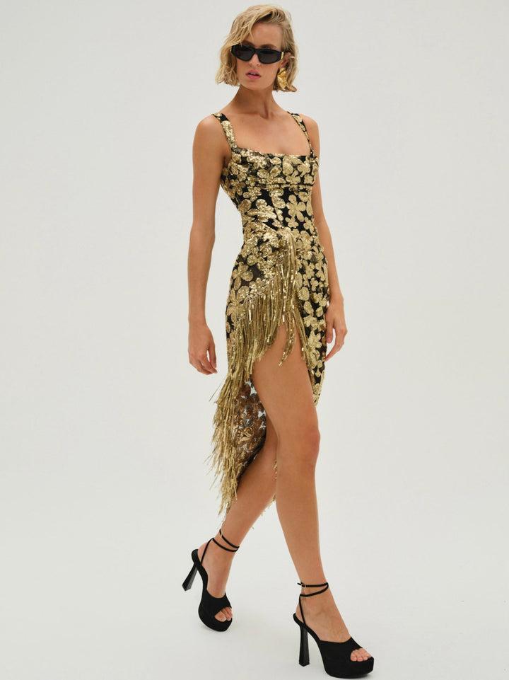 Anisa Fringe Midi Dress — Gold Product Image