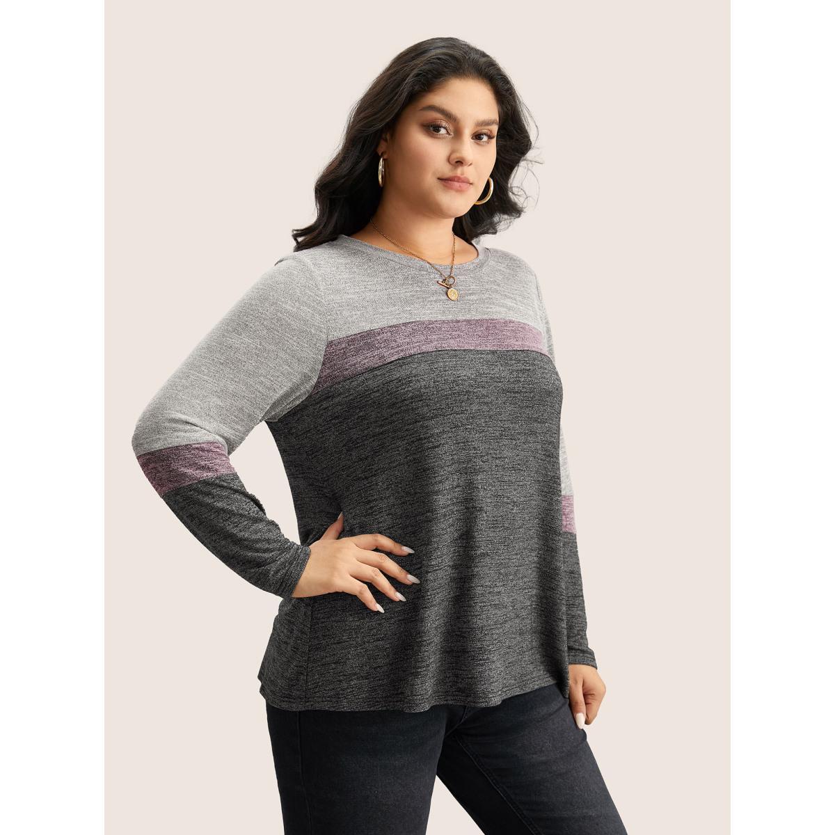 Plus Size Heather Colorblock Contrast Crew Neck T-shirt Multicolor Women Casual Texture Plain Round Neck Everyday T-shirts BloomChic 12/L Product Image
