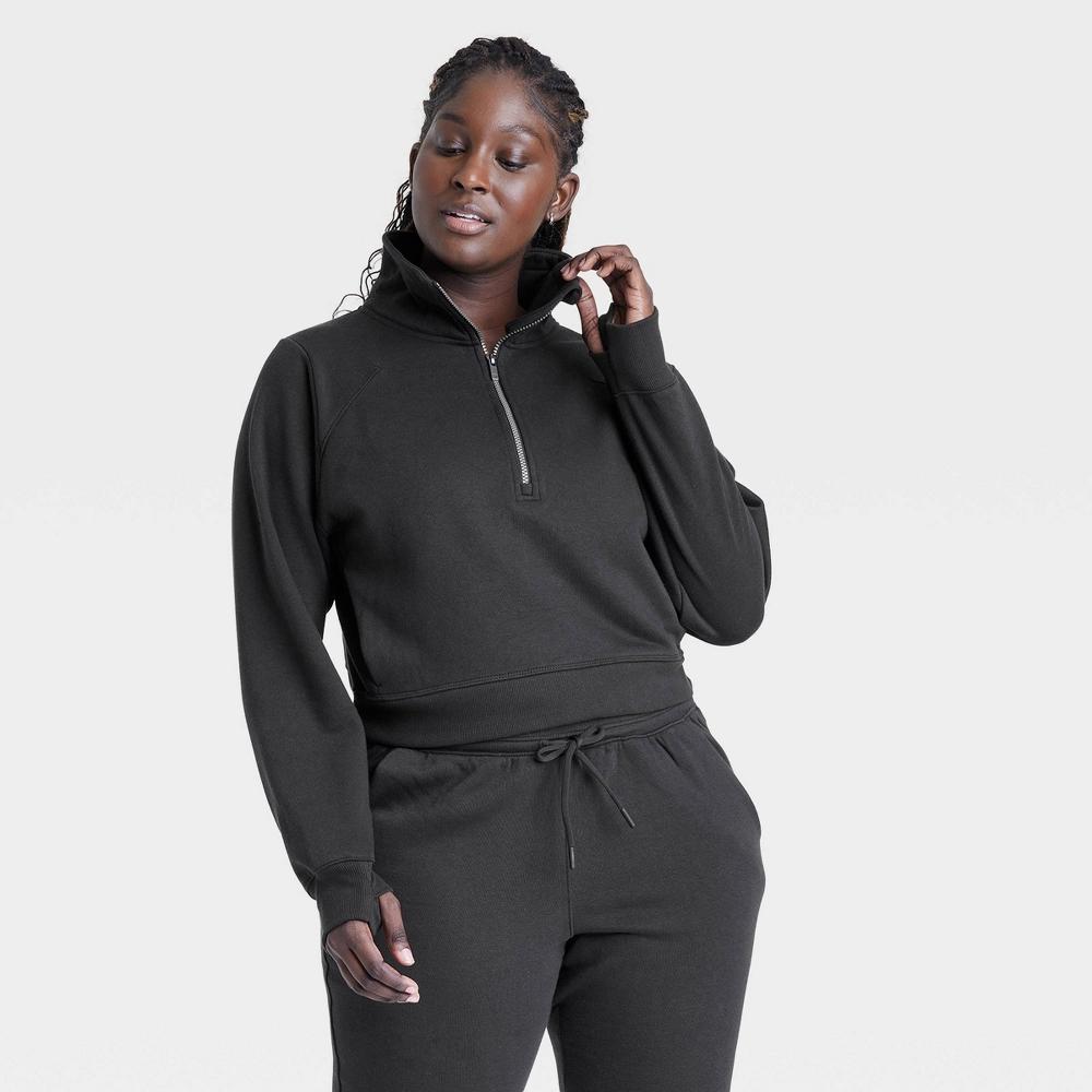 Women's Fleece Half Zip Pullover Sweatshirt - All In Motion™ Black M: Relaxed Fit, Lightweight, Thumbholes Product Image