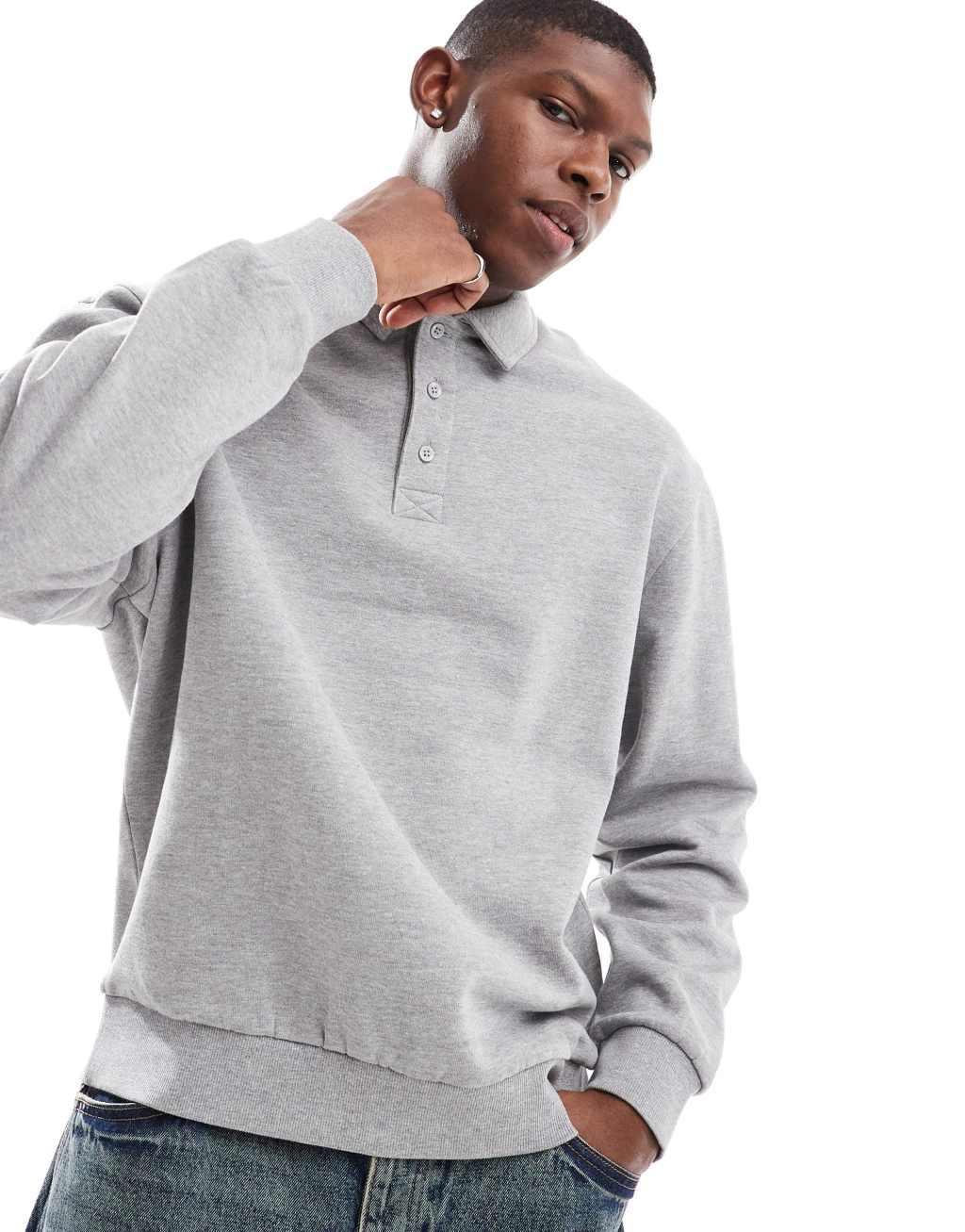 ASOS DESIGN oversized polo with back embroidery in gray Product Image