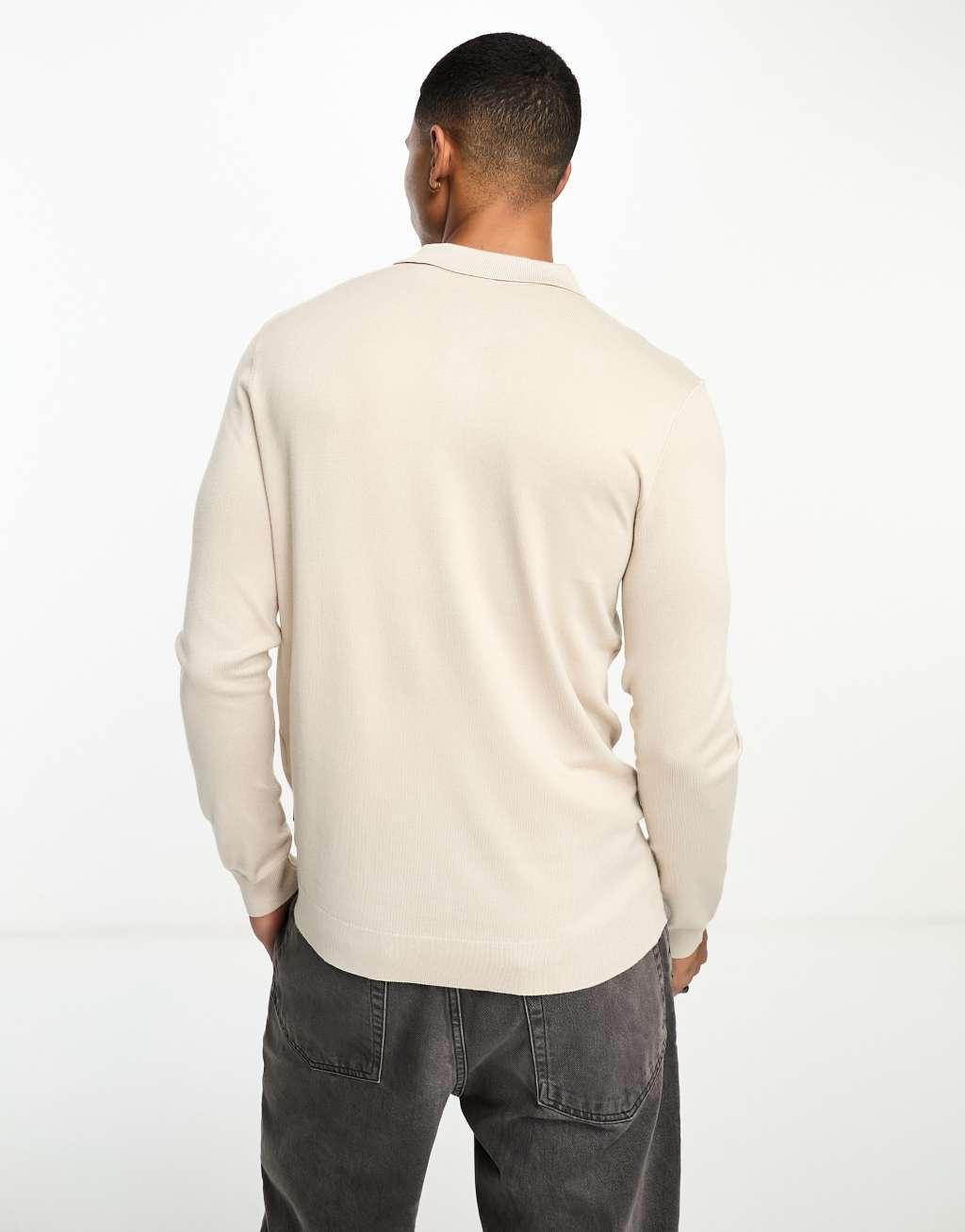 ONLY & SONS knit long sleeve polo in beige Product Image