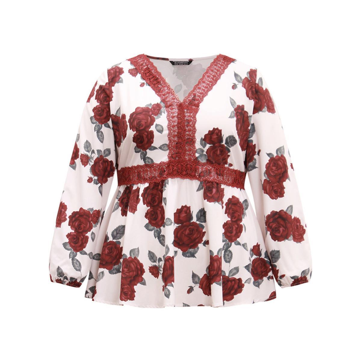 Plus Size Scarlet Floral Print Eyelet Lace Lantern Sleeve Blouse Women Glamour Long Sleeve V-neck Going out Blouses BloomChic 14-16/1X Product Image