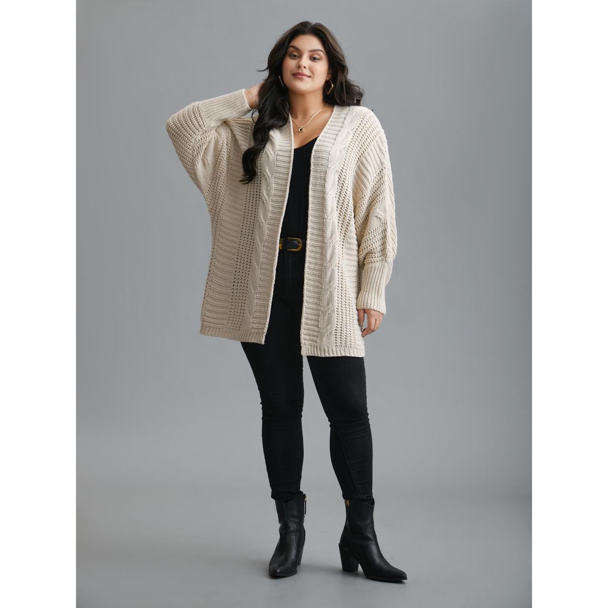 Plus Size Cable Knit Open-Front Ribbed Knit Cardigan Apricot Women Casual Loose Long Sleeve Everyday Cardigans BloomChic 30/6X Product Image