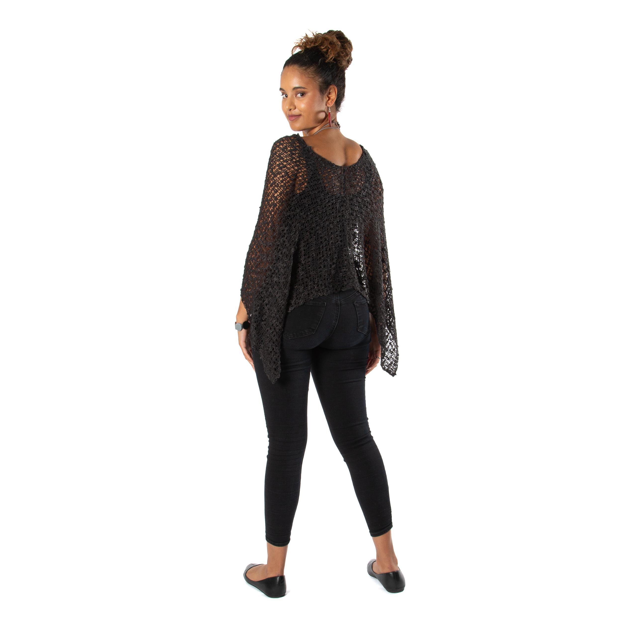 Short Popcorn Knit Poncho - Black Product Image