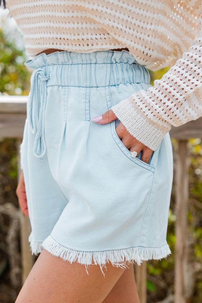 Finally Here Light Wash Chambray Frayed Hem Shorts SALE Product Image