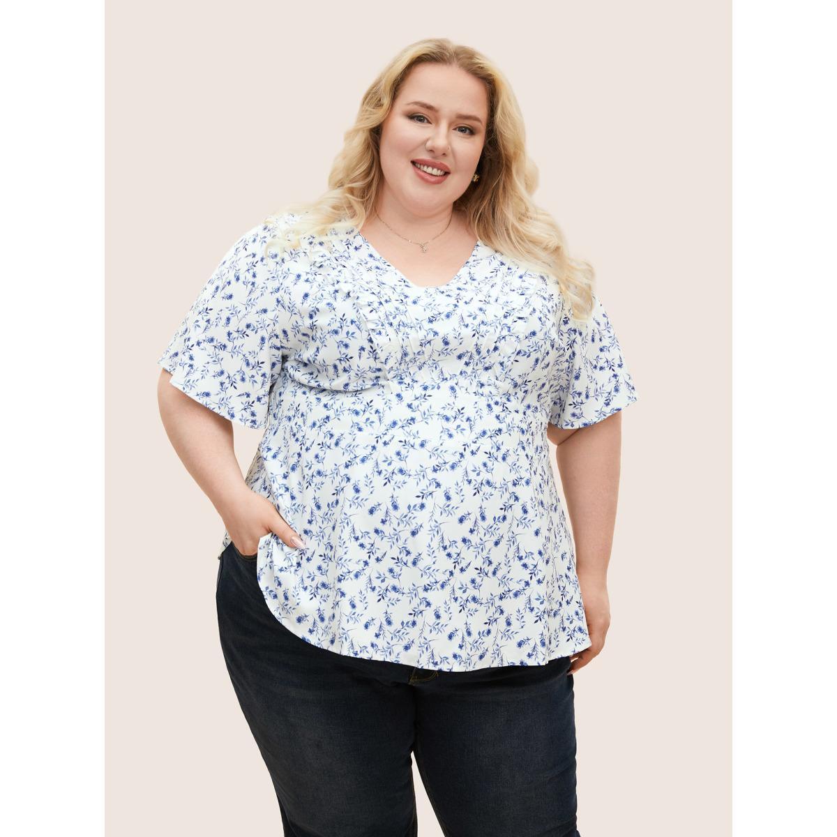 Plus Size Ivory Floral Pleated Elastic Waist Ruffle Sleeve Blouse Women Elegant Half Sleeve V-neck Everyday Blouses BloomChic 28/5X Product Image