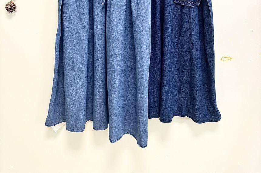 Square Neck Rabbit Embroidered Frill Trim Washed Denim Maxi Jumper Dress Product Image