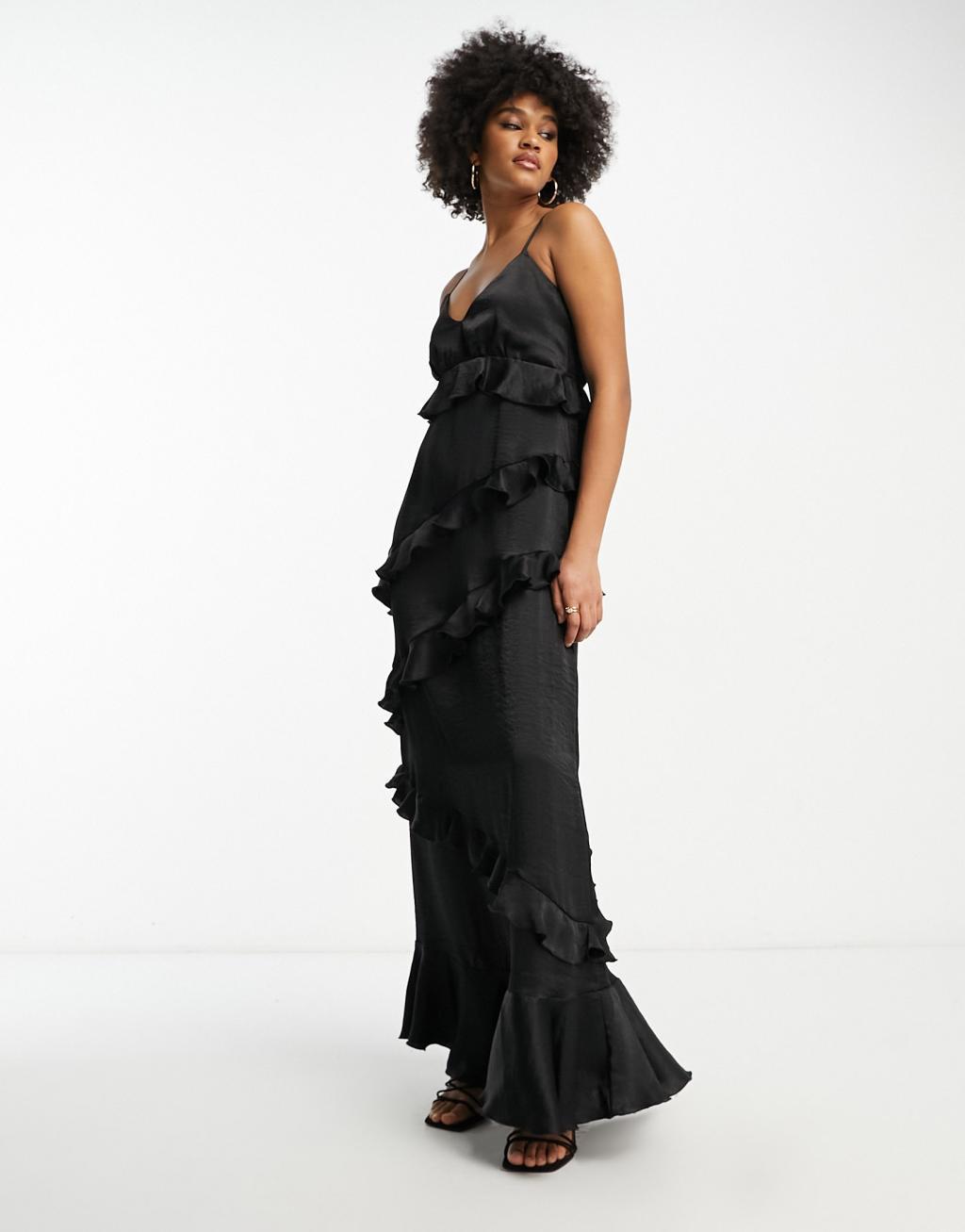 Flounce London Tall satin high waist maxi skirt with leg slit Product Image
